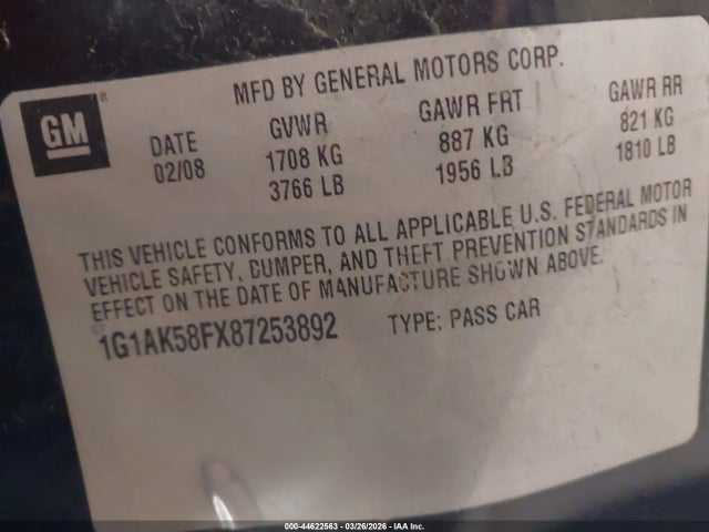 44622563 :رقم المزاد ، 1G1AK58FX87253892 vin ، 2008 Chevrolet Cobalt Ls مزاد بيع