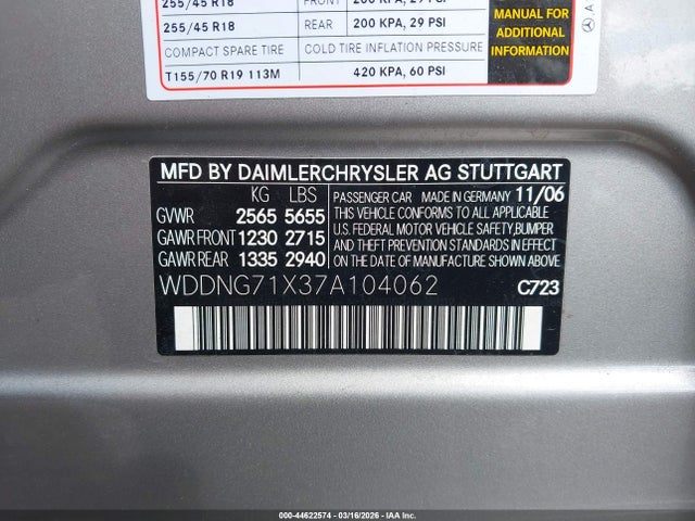 Aukcja sprzedaży 2007 Mercedes-benz S 550, vin: WDDNG71X37A104062, numer aukcji: 44622574