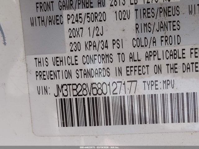44622575 :رقم المزاد ، JM3TB28V680127177 vin ، 2008 Mazda Cx-9 Grand Touring مزاد بيع
