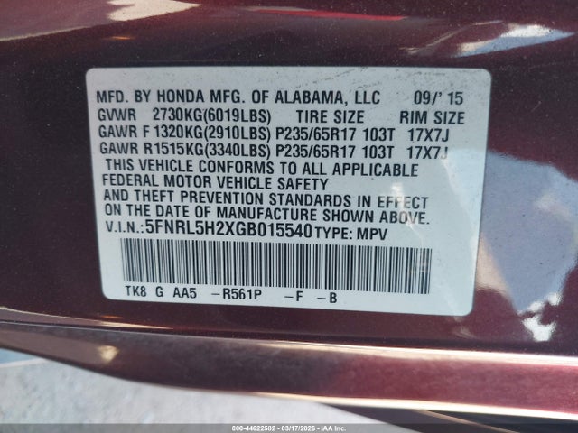 5FNRL5H2XGB015540 Honda ODYSSEY LX