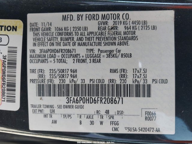 Ford FUSION SE 2015 3FA6P0HD6FR208671 Image 9