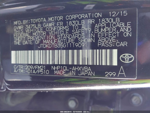 44622610 :رقم المزاد ، JTDKDTB35G1119091 vin ، 2016 Toyota Prius C Persona Series مزاد بيع