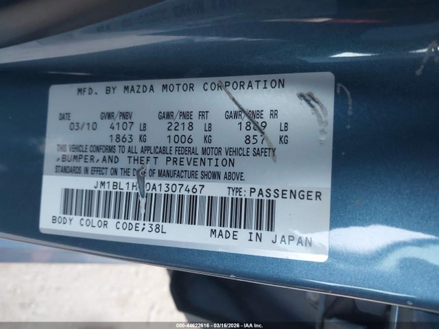 Aukcja sprzedaży 2010 Mazda Mazda3 S Sport, vin: JM1BL1H60A1307467, numer aukcji: 44622616