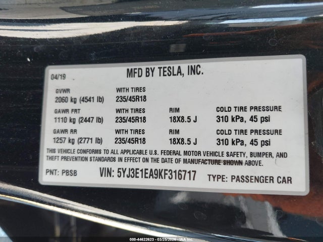 2019 Tesla Model 3 Long Range/mid Range/standard Range/standard Range Plus მანქანა იყიდება აუქციონზე, vin: 5YJ3E1EA9KF316717, აუქციონის ნომერი: 44622623