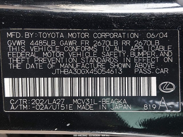 2004 Lexus Es 330 მანქანა იყიდება აუქციონზე, vin: JTHBA30GX45054613, აუქციონის ნომერი: 44622642