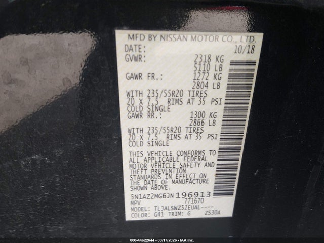 Продажа на аукционе авто 2018 Nissan Murano Platinum, vin: 5N1AZ2MG6JN196913, номер лота: 44622644