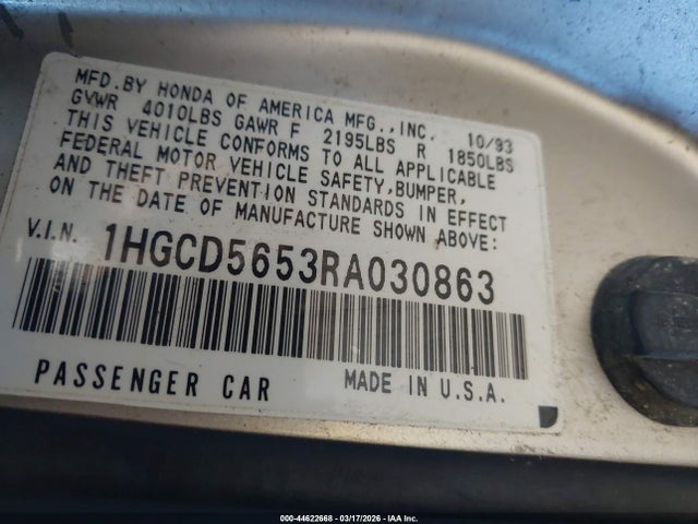 1994 Honda Accord Ex/ex-r მანქანა იყიდება აუქციონზე, vin: 1HGCD5653RA030863, აუქციონის ნომერი: 44622668