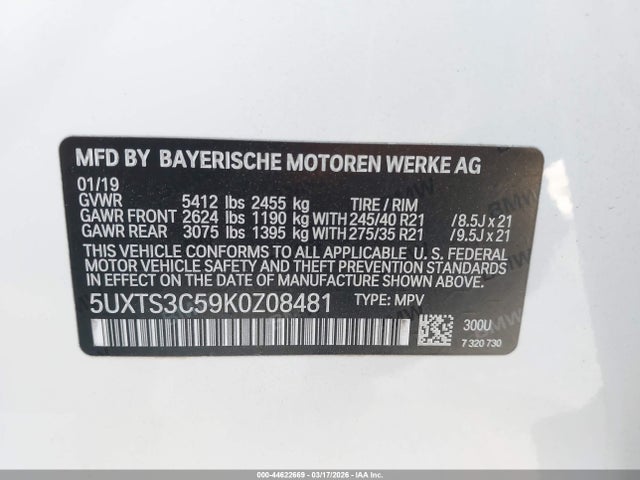 Продажа на аукционе авто 2019 Bmw X3 M40i, vin: 5UXTS3C59K0Z08481, номер лота: 44622669