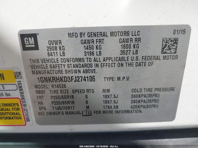 Chevrolet Traverse 2lt 2015 1GNKRHKD3FJ274106 Image 9