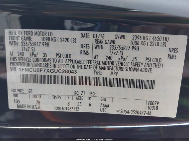 2016 FORD ESCAPE 1FMCU0F7XGUC28043 Photo 8