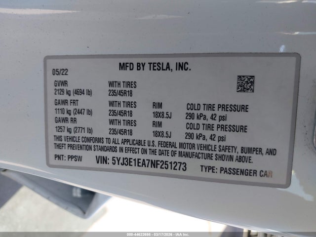 Aukcja sprzedaży 2022 Tesla Model 3 Rear-wheel Drive, vin: 5YJ3E1EA7NF251273, numer aukcji: 44622698