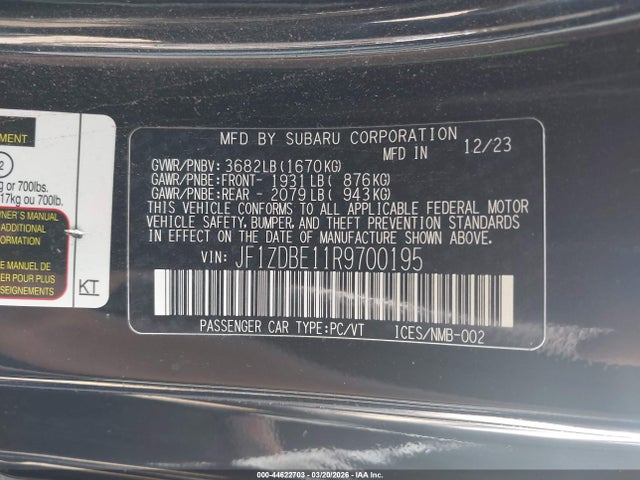 2024 Subaru Brz Limited მანქანა იყიდება აუქციონზე, vin: JF1ZDBE11R9700195, აუქციონის ნომერი: 44622703