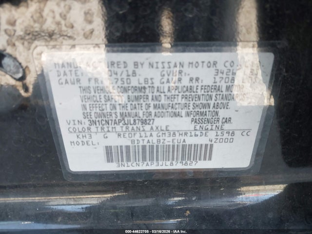 3N1CN7AP3JL879827 Nissan Versa 1.6 Sv