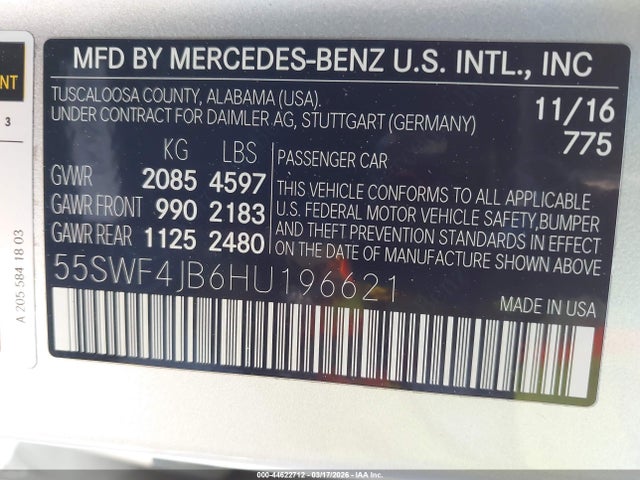 44622712 :رقم المزاد ، 55SWF4JB6HU196621 vin ، 2017 Mercedes-benz C 300 مزاد بيع