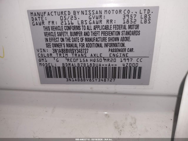 3N1AB8BV8SY348727 Nissan SENTRA S