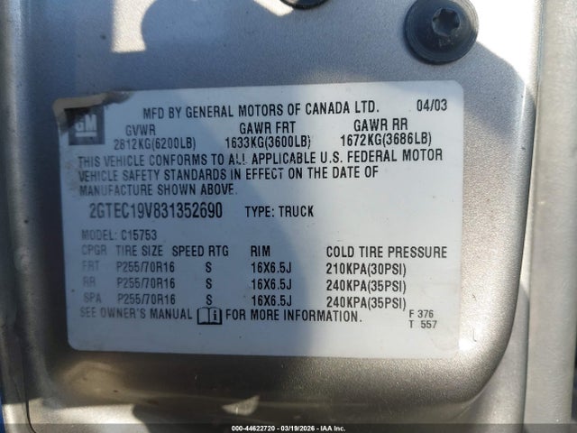 44622720 :رقم المزاد ، 2GTEC19V831352690 vin ، 2003 Gmc Sierra 1500 Sle مزاد بيع