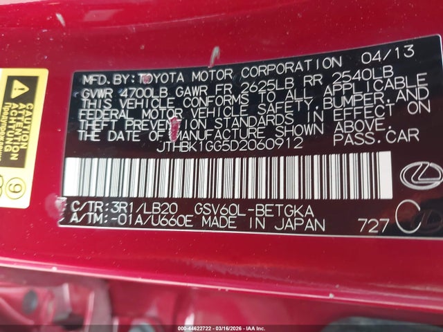 44622722 :رقم المزاد ، JTHBK1GG5D2060912 vin ، 2013 Lexus Es 350 مزاد بيع