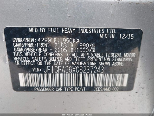 Aukcja sprzedaży 2016 Subaru Impreza 2.0i Sport Premium, vin: JF1GPAS6XG8237243, numer aukcji: 44622725