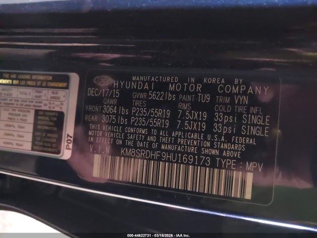 KM8SRDHF9HU169173 Hyundai Santa Fe Limited Ultimate
