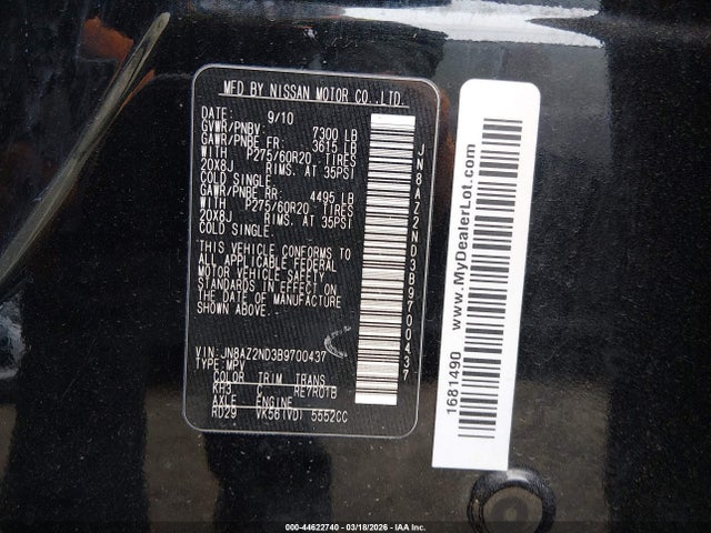 2011 Infiniti Qx56 მანქანა იყიდება აუქციონზე, vin: JN8AZ2ND3B9700437, აუქციონის ნომერი: 44622740