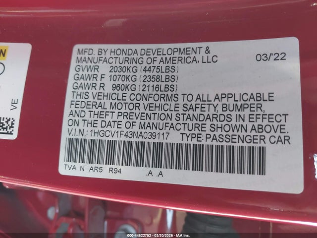 1HGCV1F43NA039117 Honda Accord Sport Special Edition