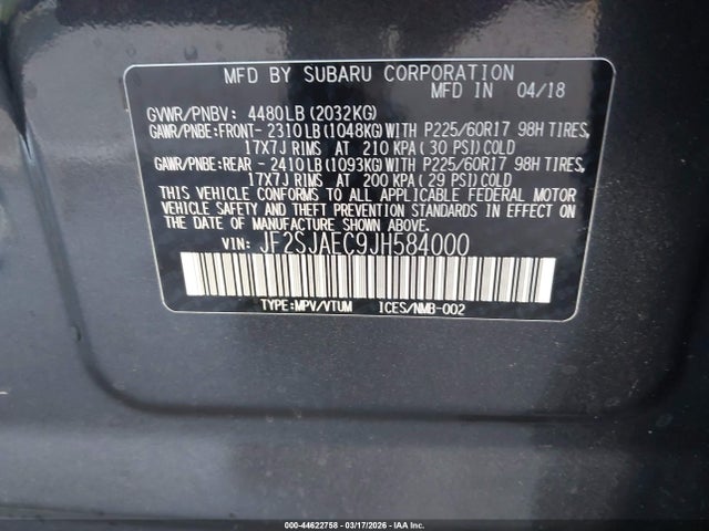 Продажа на аукционе авто 2018 Subaru Forester 2.5i Premium, vin: JF2SJAEC9JH584000, номер лота: 44622758