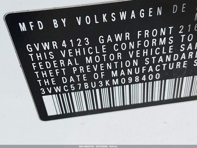 3VWC57BU3KM098400 Volkswagen Jetta 1.4t R-line/1.4t S/1.4t Se