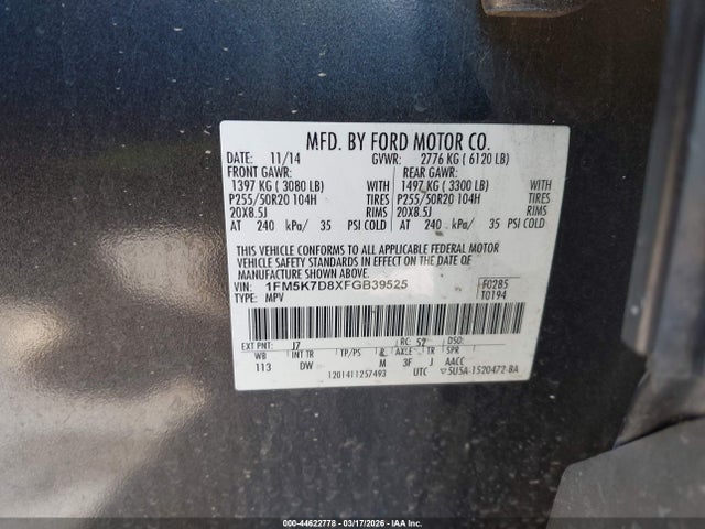 Продаж на аукціоні авто 2015 Ford Explorer Xlt, vin: 1FM5K7D8XFGB39525, номер лоту: 44622778