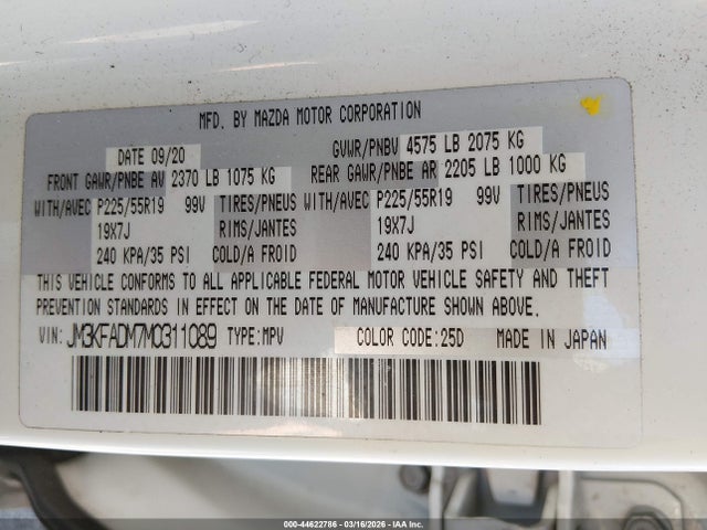 44622786 :رقم المزاد ، JM3KFADM7M0311089 vin ، 2021 Mazda Cx-5 Grand Touring مزاد بيع