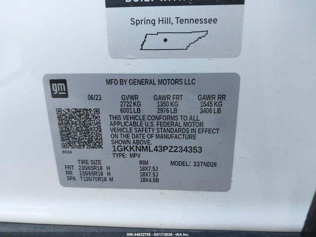 2023 Gmc Acadia Fwd Slt მანქანა იყიდება აუქციონზე, vin: 1GKKNML43PZ234353, აუქციონის ნომერი: 44622795