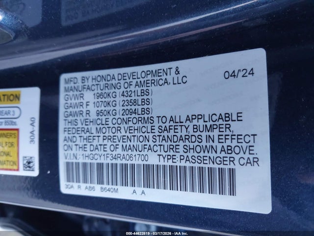 2024 Honda Accord Ex მანქანა იყიდება აუქციონზე, vin: 1HGCY1F34RA061700, აუქციონის ნომერი: 44622819