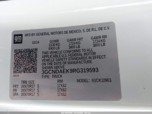 3GCNDAEK9RG319593 Chevrolet Silverado 1500 4wd Long Bed Wt