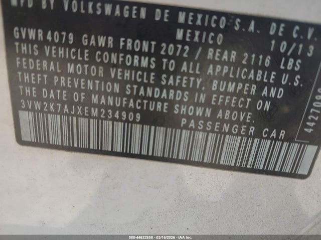 44622858 :رقم المزاد ، 3VW2K7AJXEM234909 vin ، 2014 Volkswagen Jetta 2.0l S مزاد بيع
