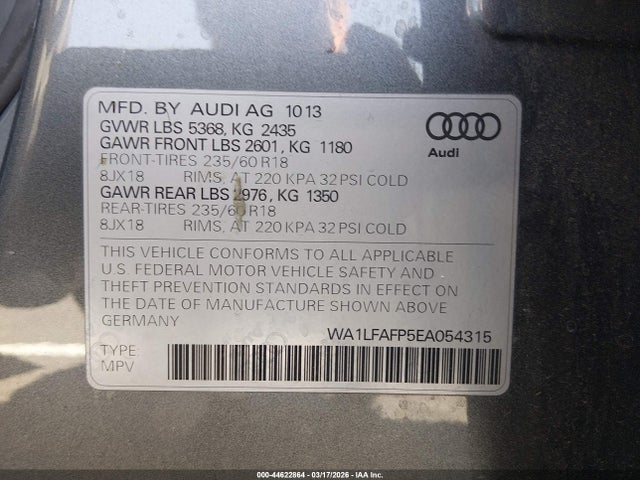 44622864 :رقم المزاد ، WA1LFAFP5EA054315 vin ، 2014 Audi Q5 2.0t Premium مزاد بيع