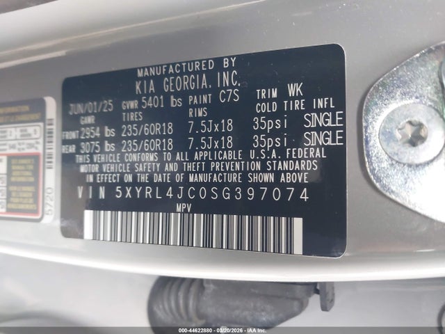 Aukcja sprzedaży 2025 Kia Sorento S, vin: 5XYRL4JC0SG397074, numer aukcji: 44622880