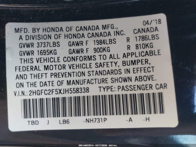 Honda Civic Lx 2018 2HGFC2F5XJH558338 Image 9