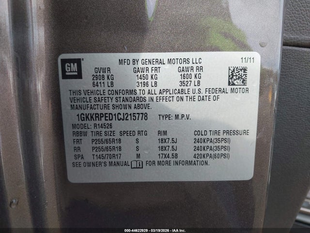 Продаж на аукціоні авто 2012 Gmc Acadia Sle, vin: 1GKKRPED1CJ215778, номер лоту: 44622929