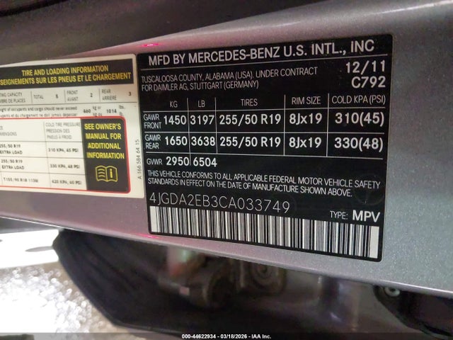 Продаж на аукціоні авто 2012 Mercedes-benz Ml 350 Bluetec 4matic, vin: 4JGDA2EB3CA033749, номер лоту: 44622934