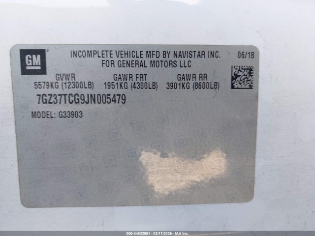 44622951 :رقم المزاد ، 7GZ37TCG9JN005479 vin ، 2018 Gmc Savana Cutaway Work Van مزاد بيع
