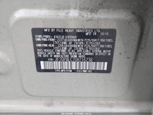 Продаж на аукціоні авто 2016 Subaru Crosstrek 2.0i Limited, vin: JF2GPALC7GH216236, номер лоту: 44622965