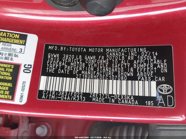 2014 TOYOTA COROLLA 2T1BURHE0EC107080 Photo 8