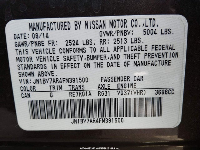 44622980 :رقم المزاد ، JN1BV7AR4FM391500 vin ، 2015 Infiniti Q50 Premium مزاد بيع