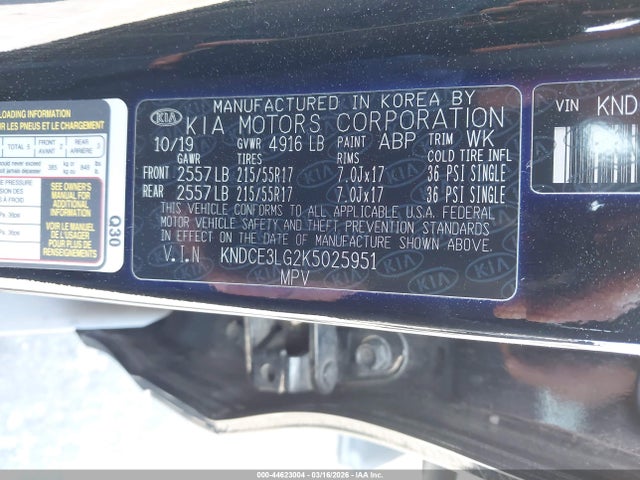 44623004 :رقم المزاد ، KNDCE3LG2K5025951 vin ، 2019 Kia Niro Ev Ex Premium مزاد بيع