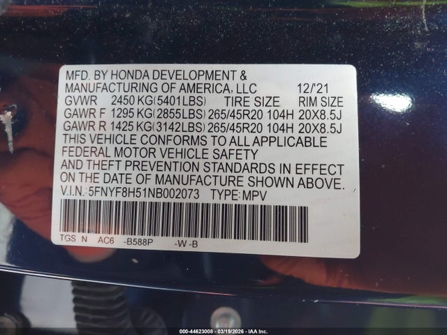 5FNYF8H51NB002073 Honda Passport Awd Ex-l