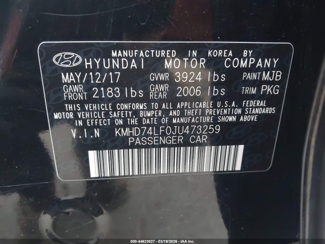 KMHD74LF0JU473259 Hyundai ELANTRA SE