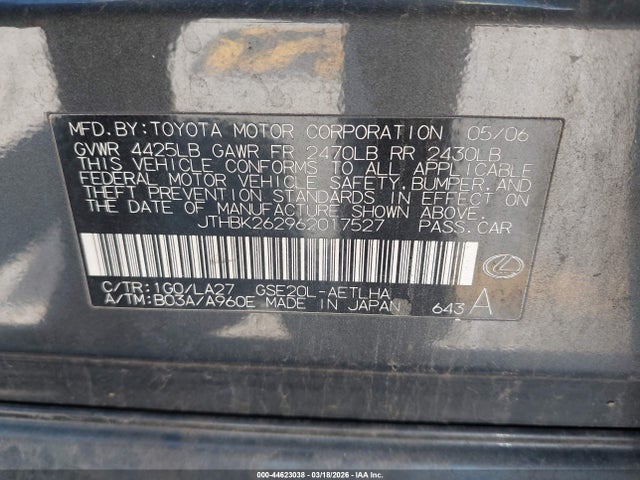 Продаж на аукціоні авто 2006 Lexus Is 250, vin: JTHBK262962017527, номер лоту: 44623038