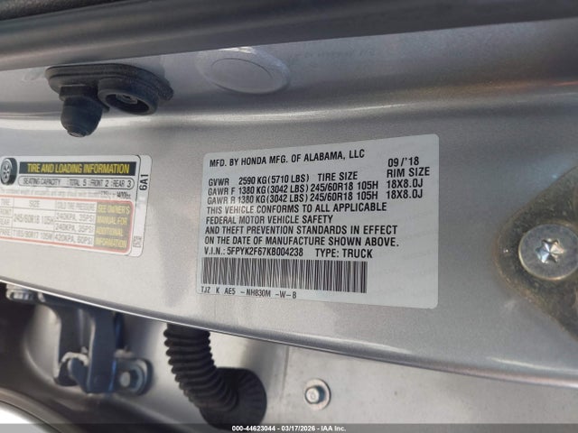 44623044 :رقم المزاد ، 5FPYK2F67KB004238 vin ، 2019 Honda Ridgeline Rtl-t مزاد بيع