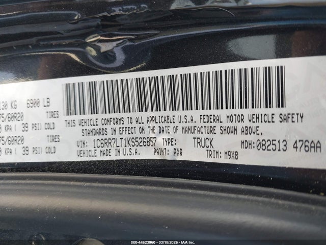 2019 Ram 1500 Classic Big Horn  4x4 5'7 Box მანქანა იყიდება აუქციონზე, vin: 1C6RR7LT1KS526857, აუქციონის ნომერი: 44623060