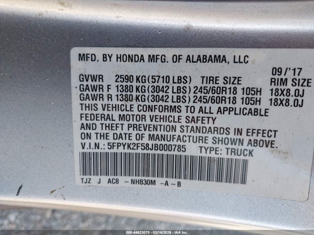 5FPYK2F58JB000785 Honda Ridgeline Rtl