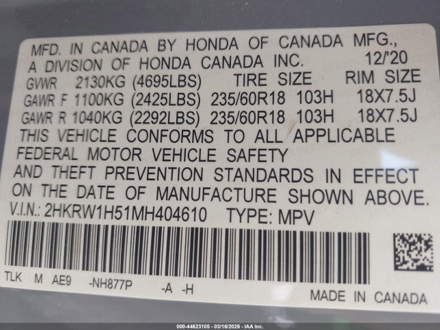 2HKRW1H51MH404610 Honda Cr-v 2wd Ex